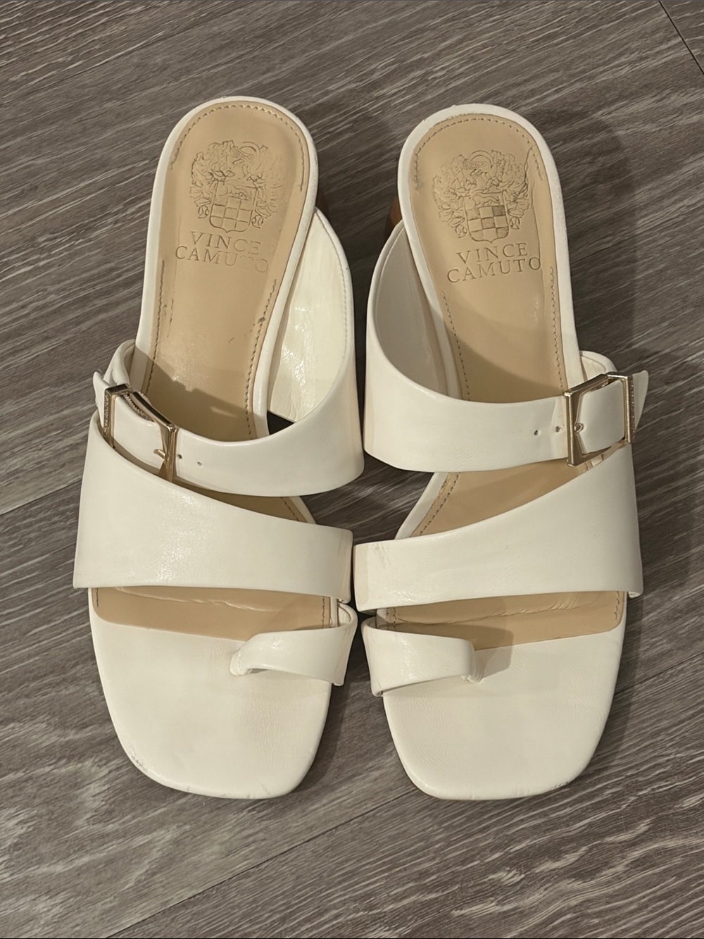 Vince Camuto White Toe-Loop Slide Sandals with Gold Buckle